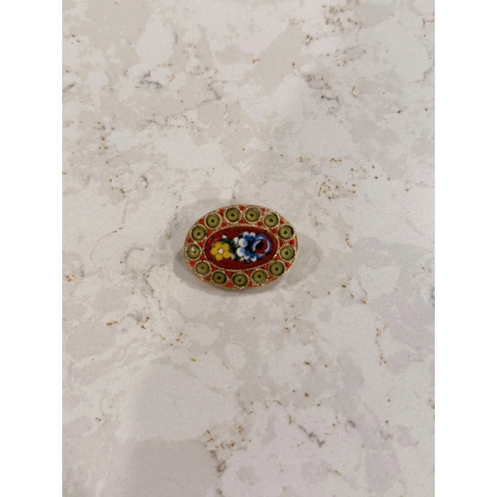 Vintage Italian Micro Mosaic Floral Brooch Pin Set 3pc Millefiori Gold Tone Oval